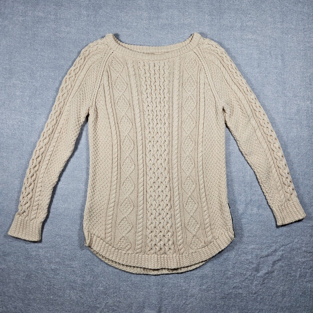 LL Bean Signature Womens Beige Cotton Cable Knit‎ Side Zip Sweater Medium 297470